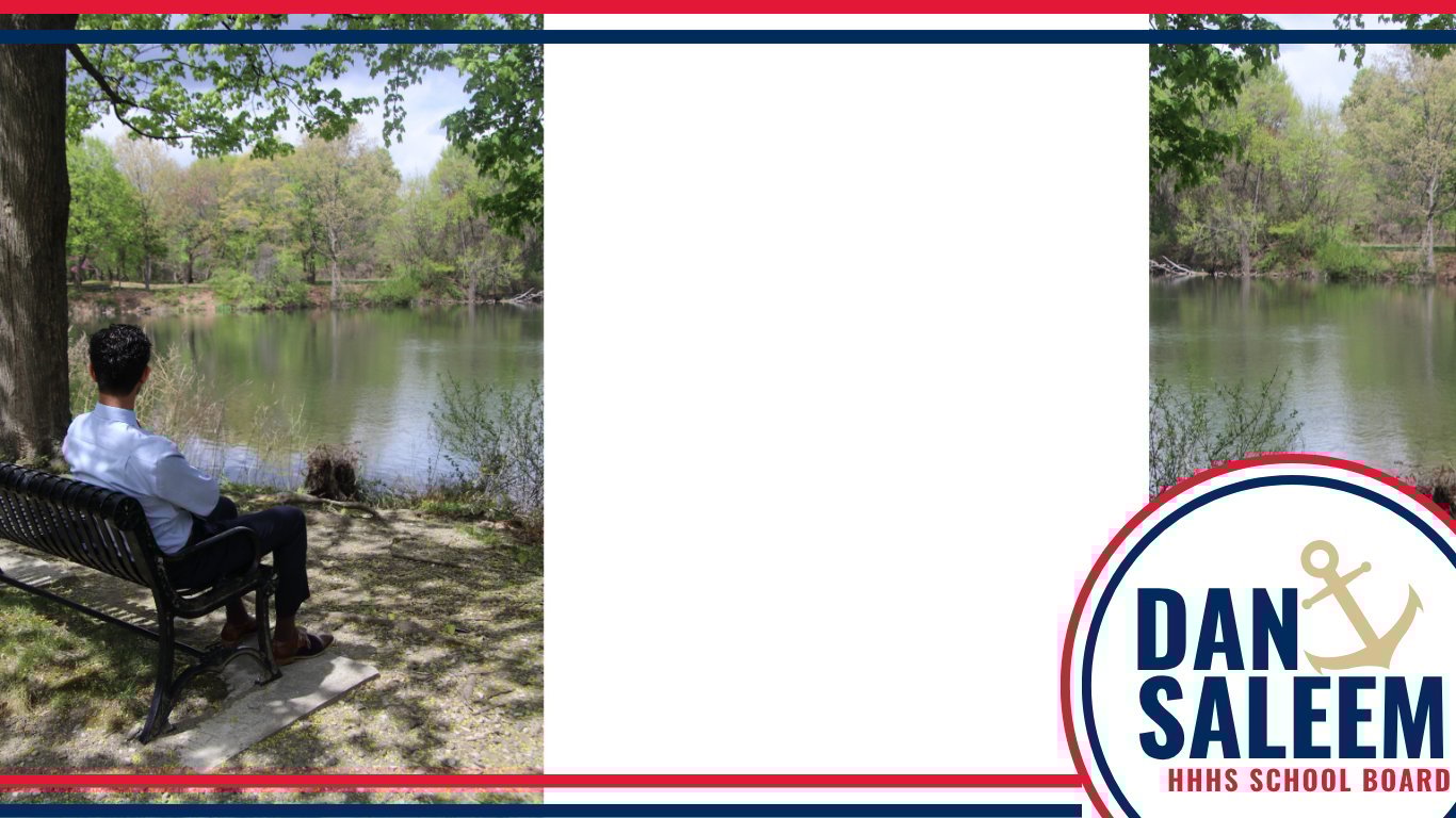 Person sitting on bench by river with trees, promotional template with Dan Saleem campaign logo and blank center space